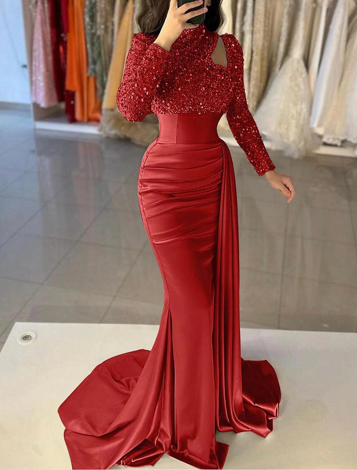 Mermaid Gown Elegant Formal Train Long Sleeve High Neck Satin with Pearls Sequin Evening Dress
