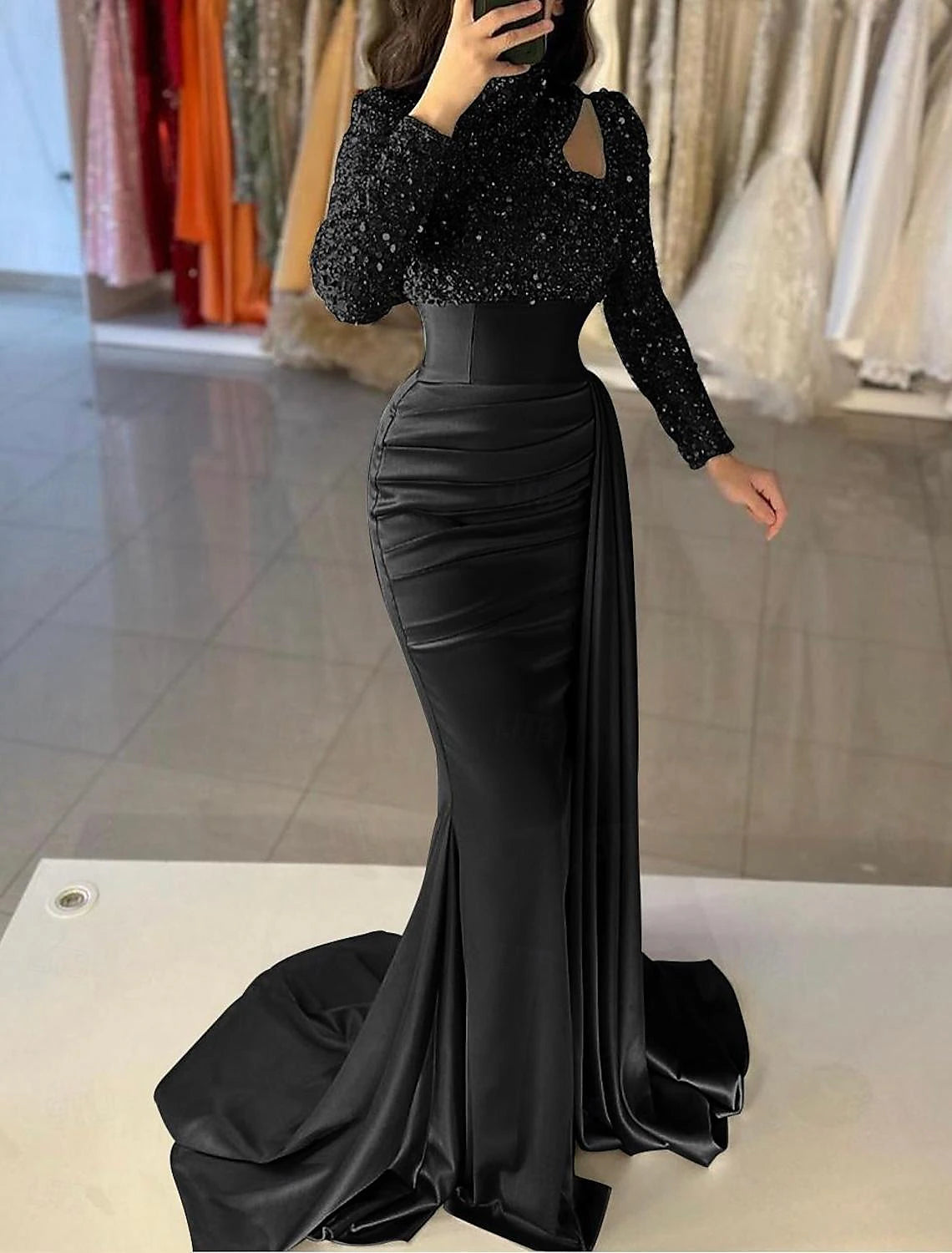 Mermaid Gown Elegant Formal Train Long Sleeve High Neck Satin with Pearls Sequin Evening Dress