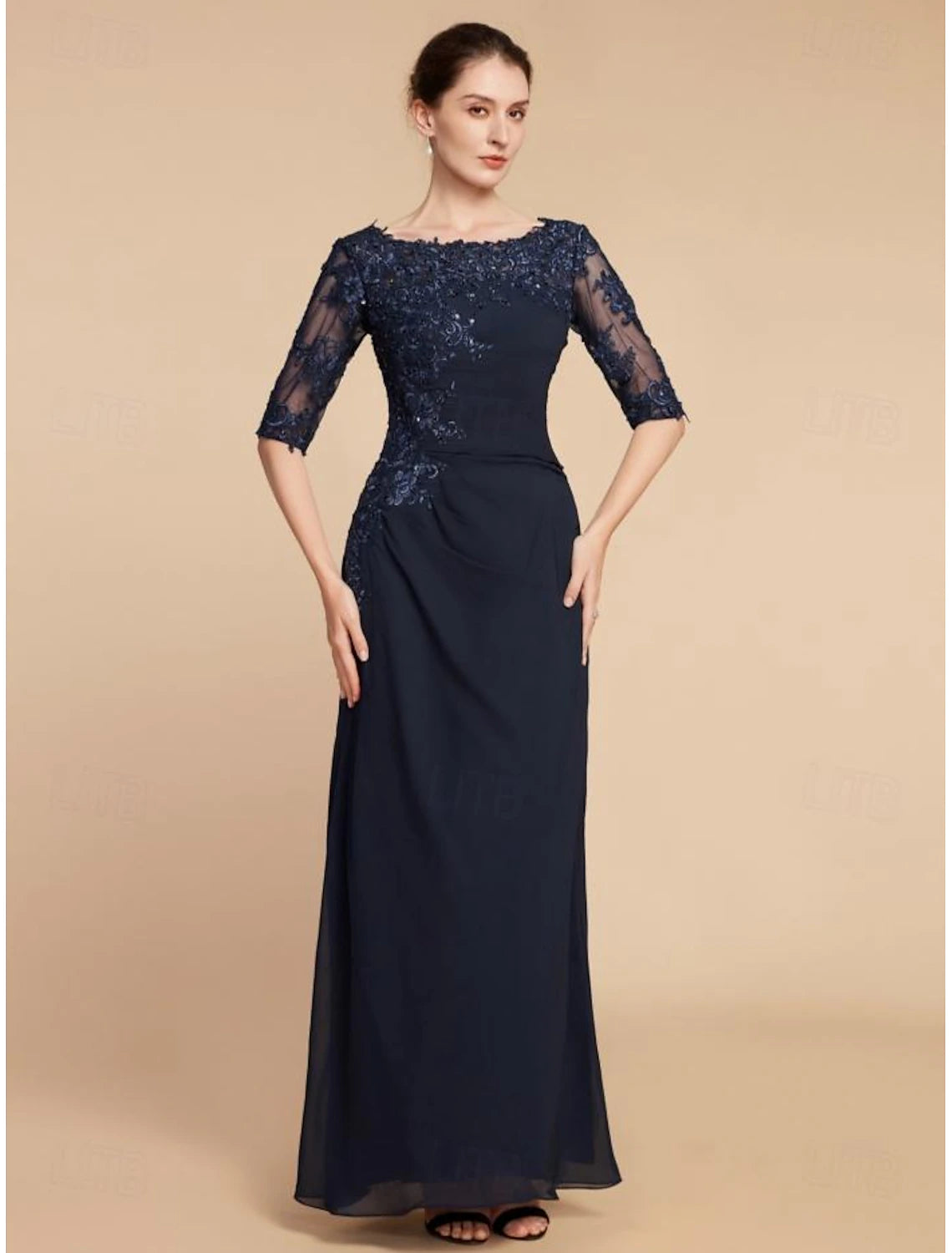 Column Wedding Guest Elegant Scoop Neck Ankle Length Chiffon Lace Half Sleeve with Sequin Solid Color Mother of the Bride Dress 