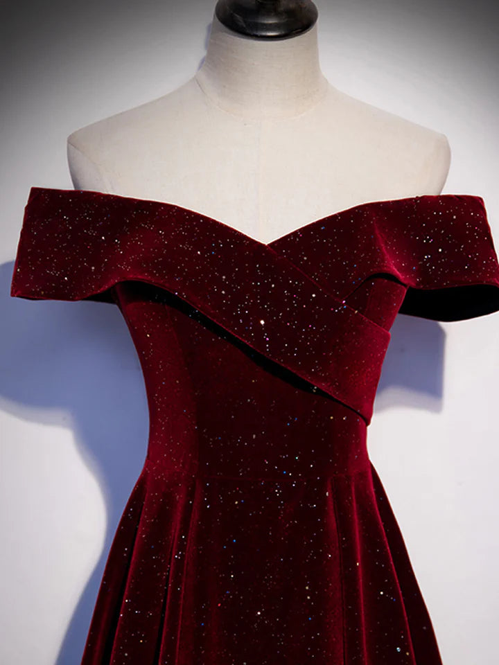 A-Line Velvet Dress Off Shoulder Long Evening Dress Elegant Formal Shining Dress
