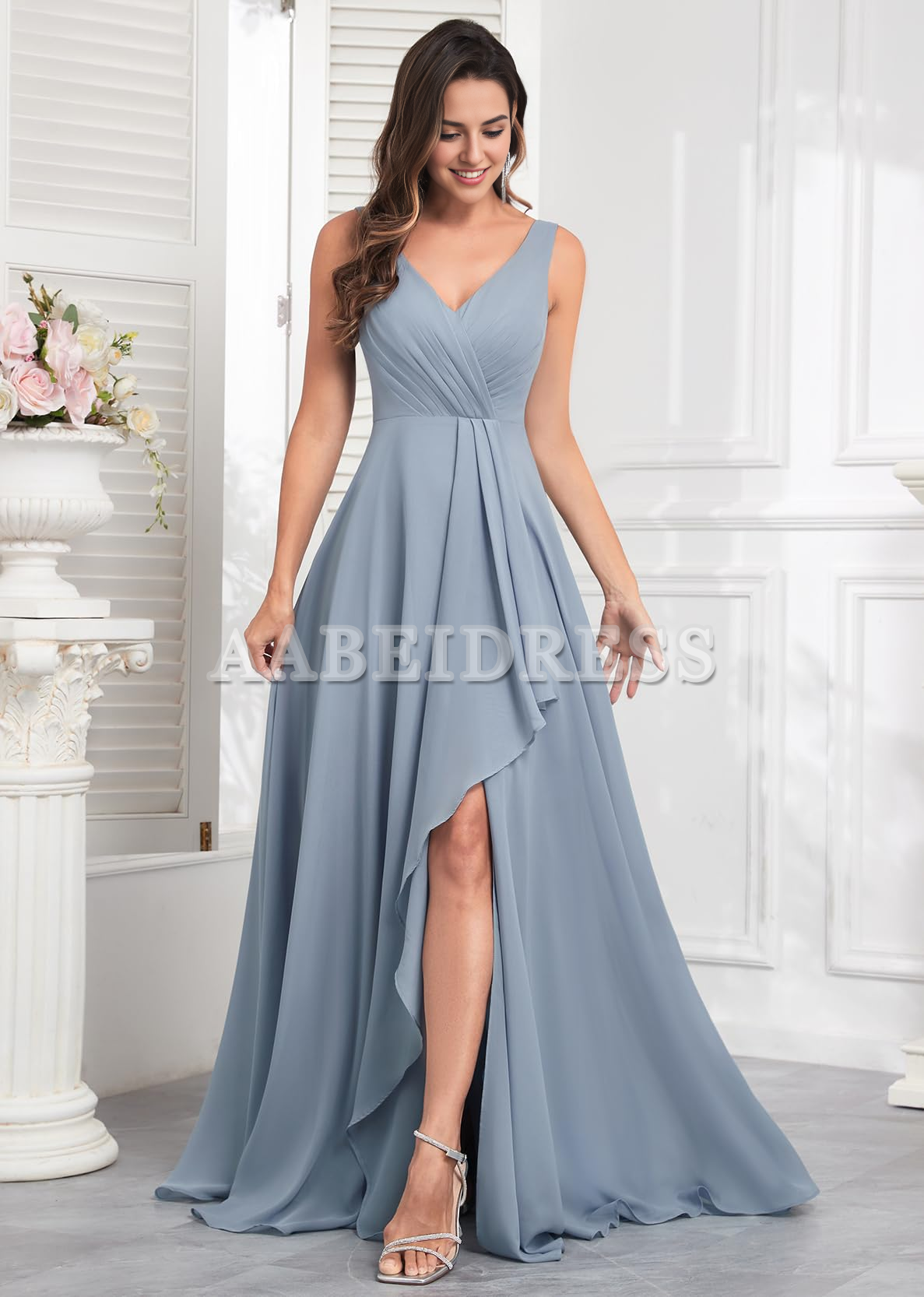 Prom Dress Ruffle Bridesmaid Dresses Long Slit Chiffon Pleated Evening Dress Wedding Guest Dresses Formal Wear Dresses