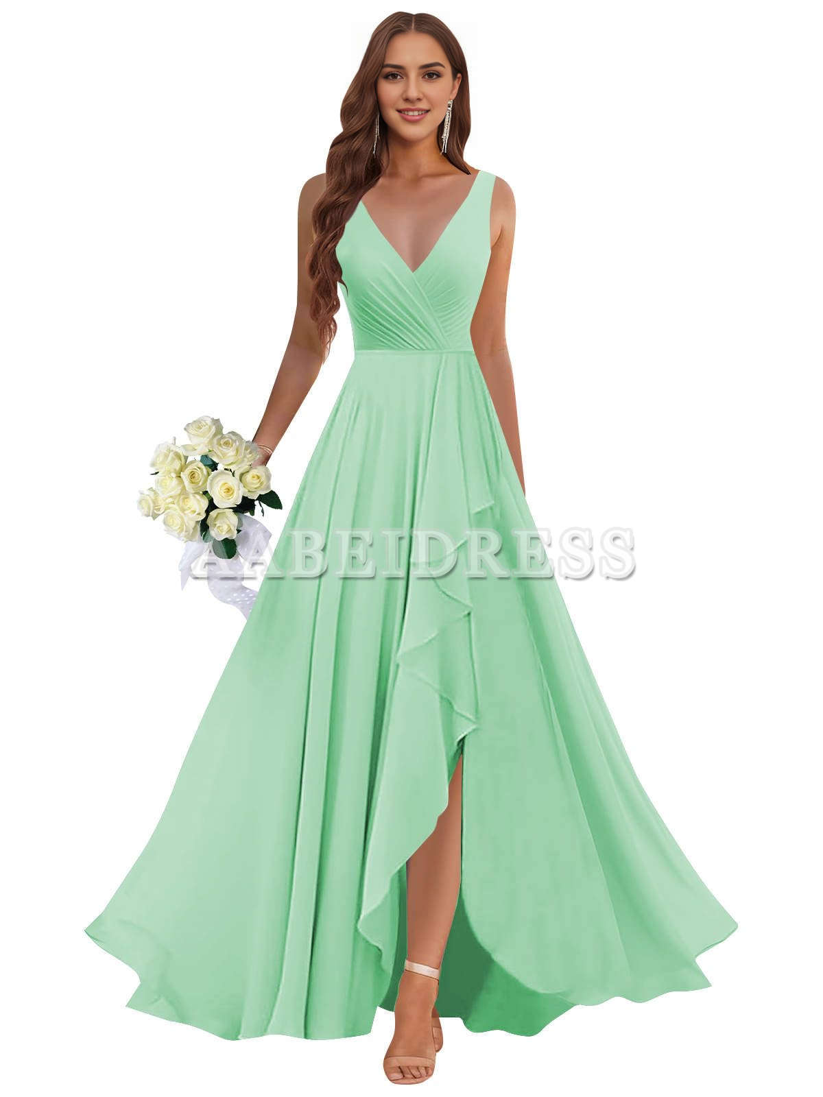 Prom Dress Ruffle Bridesmaid Dresses Long Slit Chiffon Pleated Evening Dress Wedding Guest Dresses Formal Wear Dresses