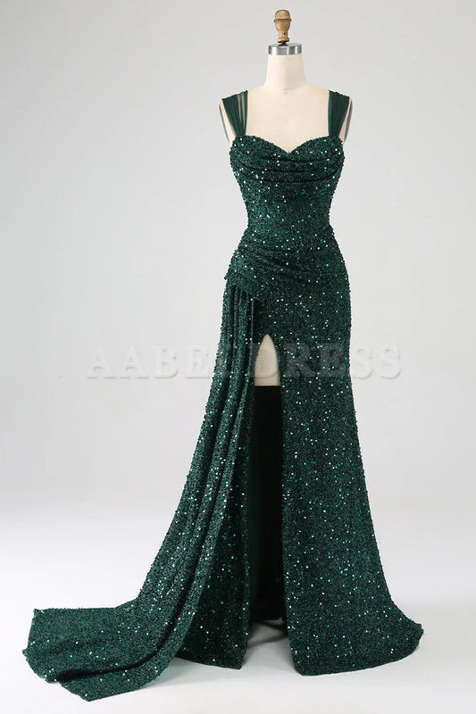 Prom Dress Heart-shaped collar Sparkly Sheath Shining Pleated Long Side Fork Gorgeous High Quality Formal Wear Dresses