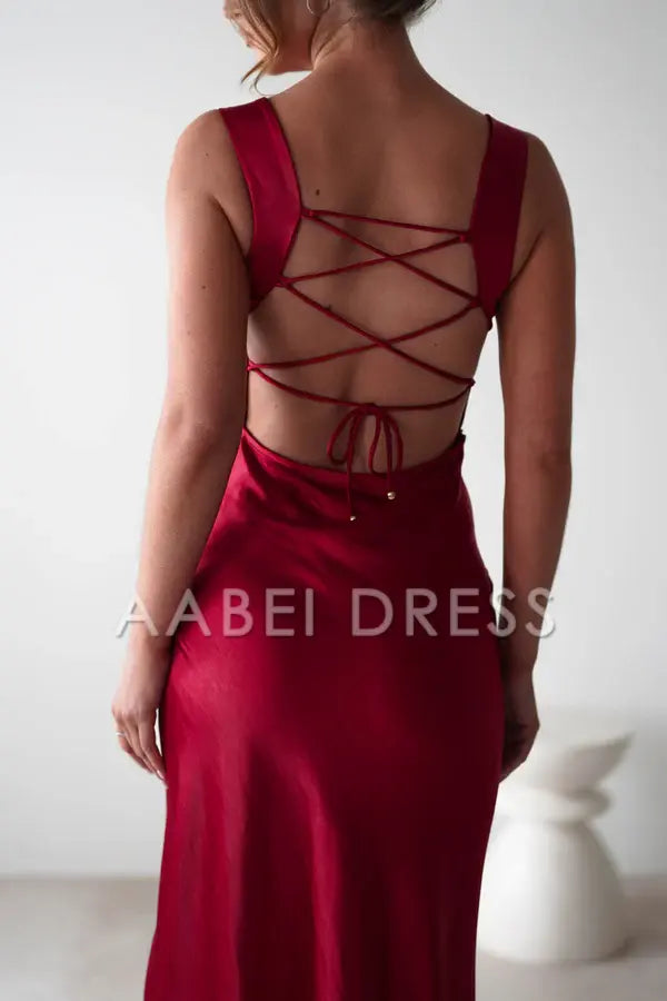 AABEI DRESS Prom Dress Soft satin cowl neckline Open back lace-up straps high slit Sexy Elegant Dress
