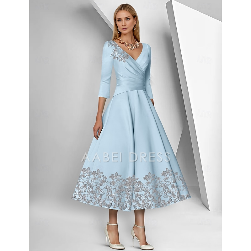 AABEI DRESS Wedding Guest Dress A-Line V Neck 3/4 Length Sleeve Ankle Length Tea Length Lace Ruched Sequin Elegant Simple Mother of the Bride Dress