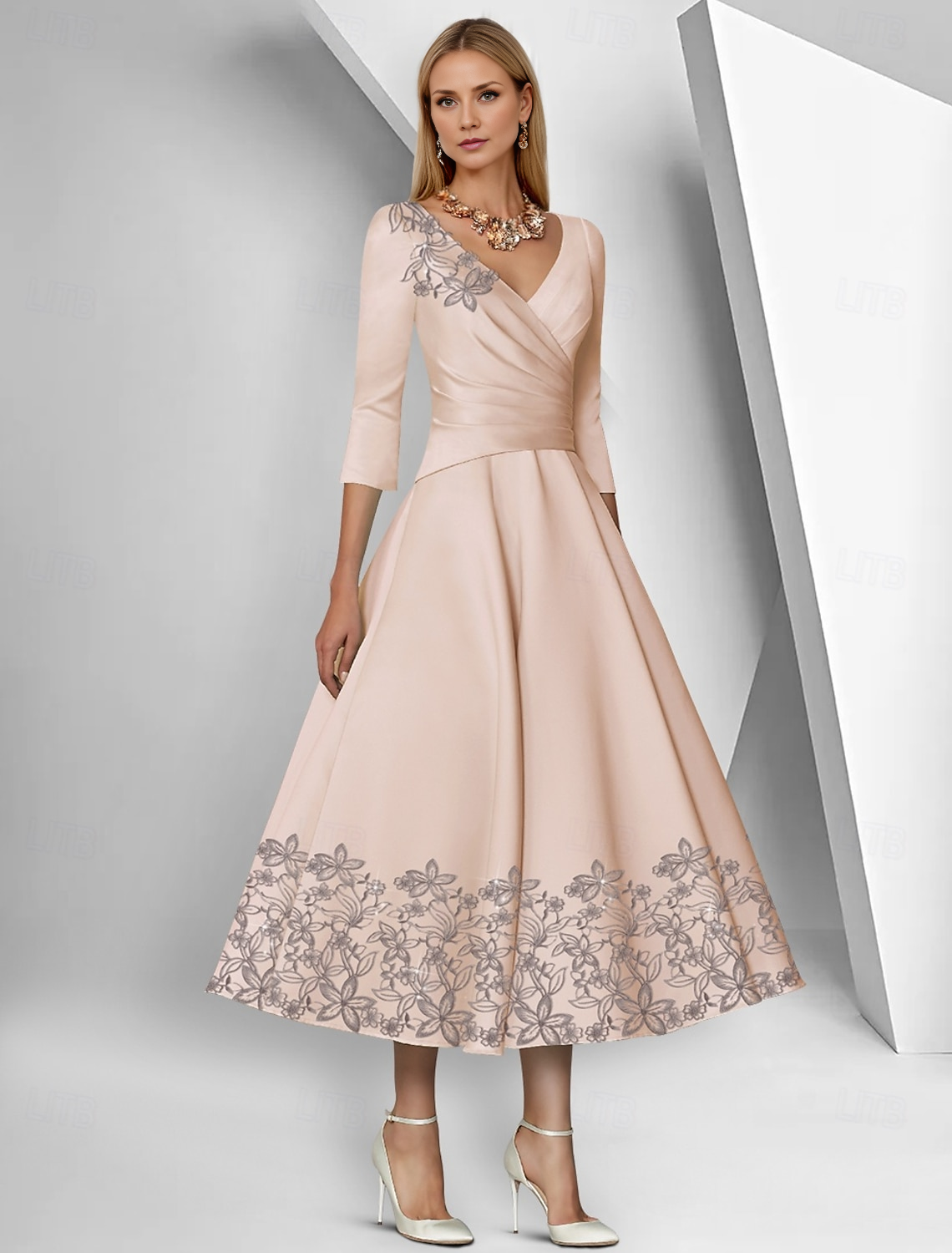 AABEI DRESS Wedding Guest Dress A-Line V Neck 3/4 Length Sleeve Ankle Length Tea Length Lace Ruched Sequin Elegant Simple Mother of the Bride Dress