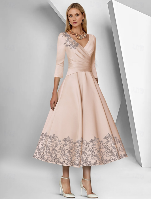 AABEI DRESS Wedding Guest Dress A-Line V Neck 3/4 Length Sleeve Ankle Length Tea Length Lace Ruched Sequin Elegant Simple Mother of the Bride Dress