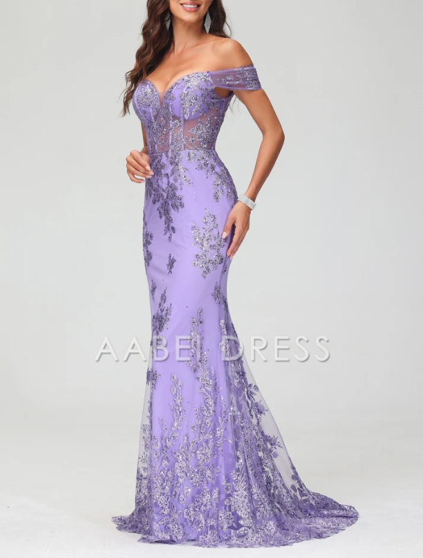 AABEI DRESS Luxurious Mermaid Off Shoulder Lace Applique Sweep Train Dress Exquisite Evening Dress