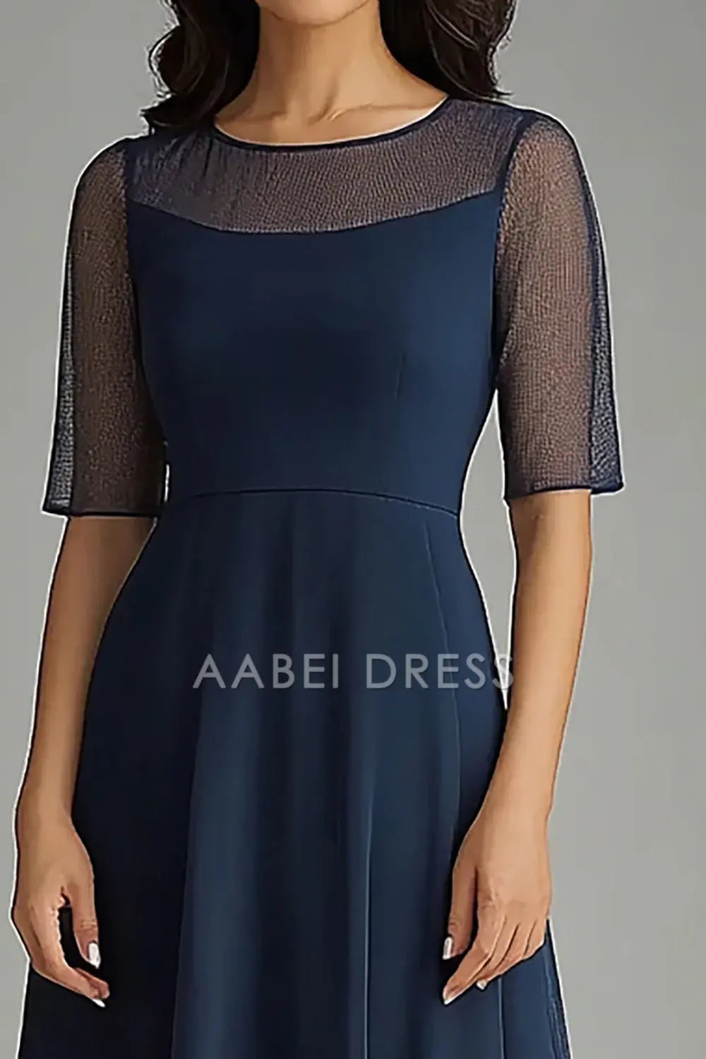 AABEI DRESS Mother Of The Bride Dress Chiffon Illsion Neck Long Short Sleeves Elegant Simple Formal Wear Dresse