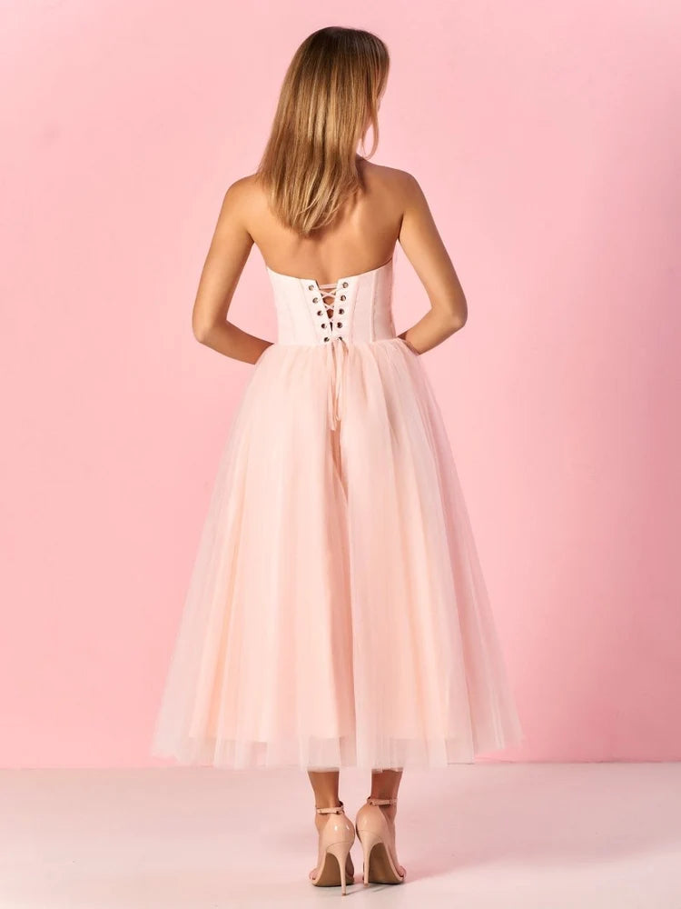 Blush Strapless Sweetheart Corset Midi Tulle Dress Lace-Up Back Tea Length Formal Gown
