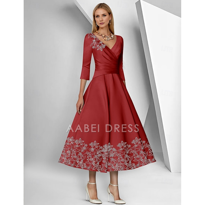 AABEI DRESS Wedding Guest Dress A-Line V Neck 3/4 Length Sleeve Ankle Length Tea Length Lace Ruched Sequin Elegant Simple Mother of the Bride Dress