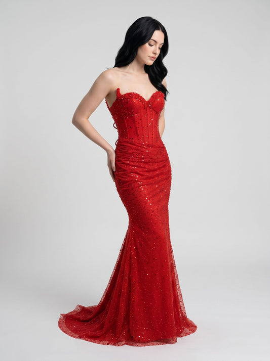 Red Glitter Fabric Mermaid Sweetheart Back Zip Floor-Length Dress
