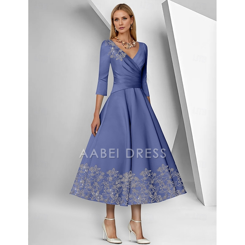 AABEI DRESS Wedding Guest Dress A-Line V Neck 3/4 Length Sleeve Ankle Length Tea Length Lace Ruched Sequin Elegant Simple Mother of the Bride Dress