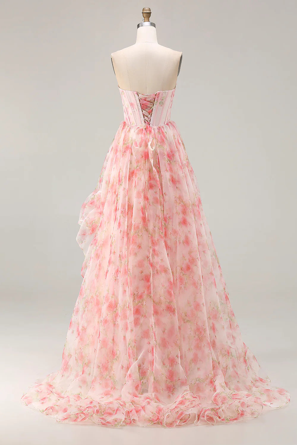 Romantic Prom Dress Pink Printing Floral A Line Strapless Corset Beaded Sleeveless with Tiers Ruffles Backless Bargain Long Wedding Guest Dress