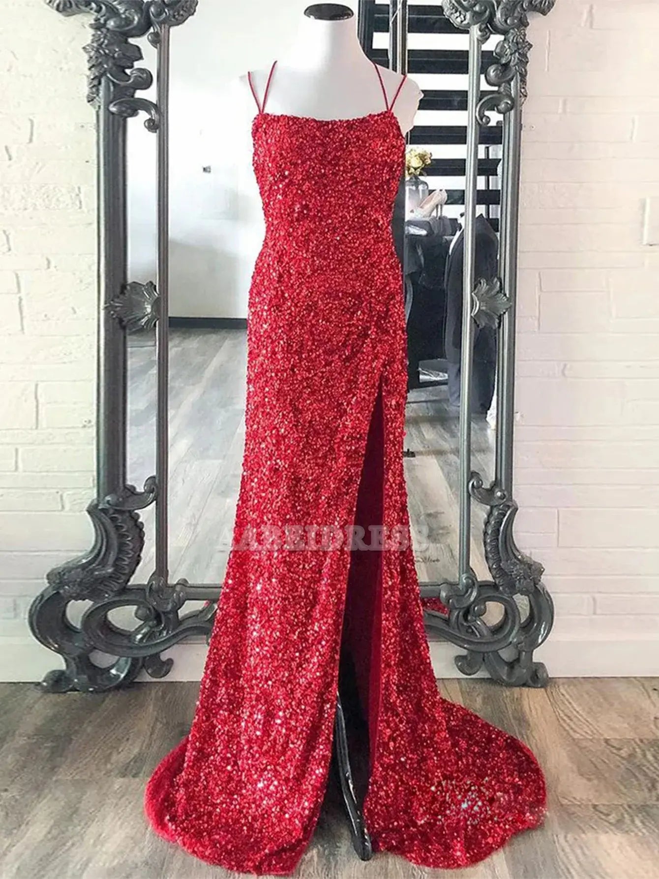 Evening Dress Mermaid Spaghetti Straps Sequins Sweep Train Prom Dress Backless Side Fork Fashion Formal Women's Dresses