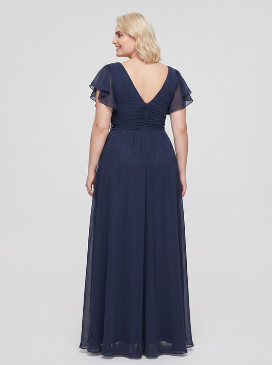 Dark Navy Chiffon A-Line V-Neck Back Zip Floor-Length Dress