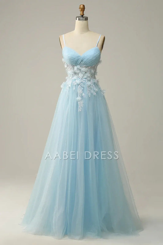 AABEI DRESS Hot Sale Prom Dress Elegant A Line V Neck Pleated Spaghetti Straps flower Tulle Fantastic Long Party Dress