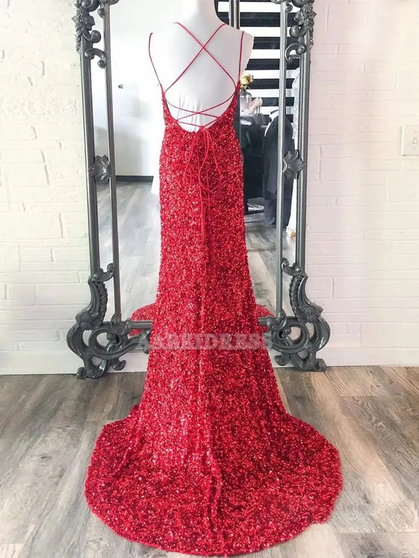 Evening Dress Mermaid Spaghetti Straps Sequins Sweep Train Prom Dress Backless Side Fork Fashion Formal Women's Dresses