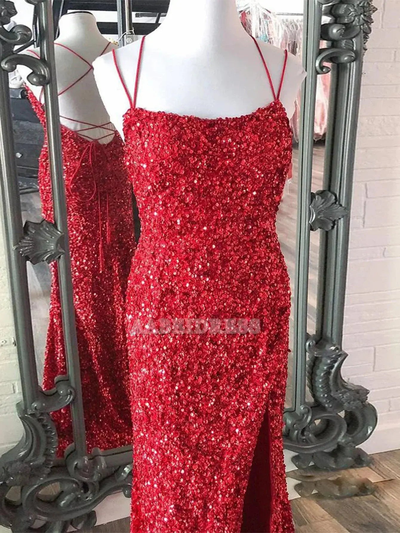 Evening Dress Mermaid Spaghetti Straps Sequins Sweep Train Prom Dress Backless Side Fork Fashion Formal Women's Dresses