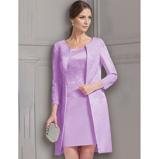 AABEI DRESS Wedding Guest Dress Vintage Sheath Jewel Neck 3/4 Length Sleeve Knee Length Satin Lace Jacket Dresses with Appliques Elegant Mother of the Bride Dress