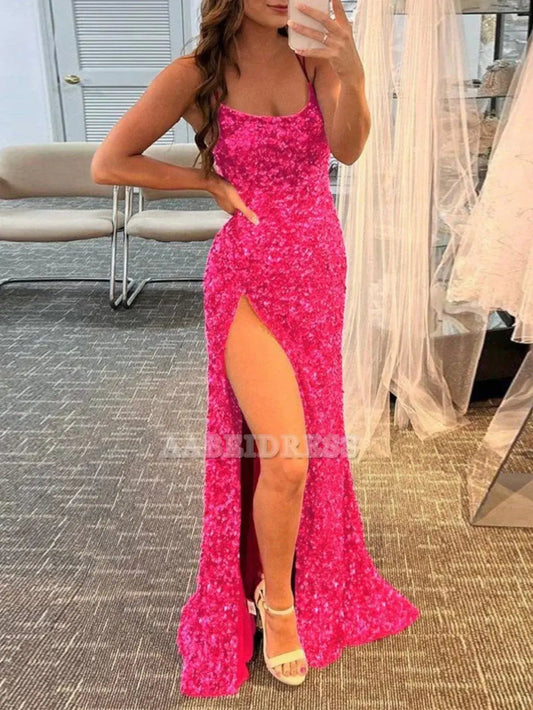 Evening Dress Mermaid Spaghetti Straps Sequins Sweep Train Prom Dress Backless Side Fork Fashion Formal Women's Dresses