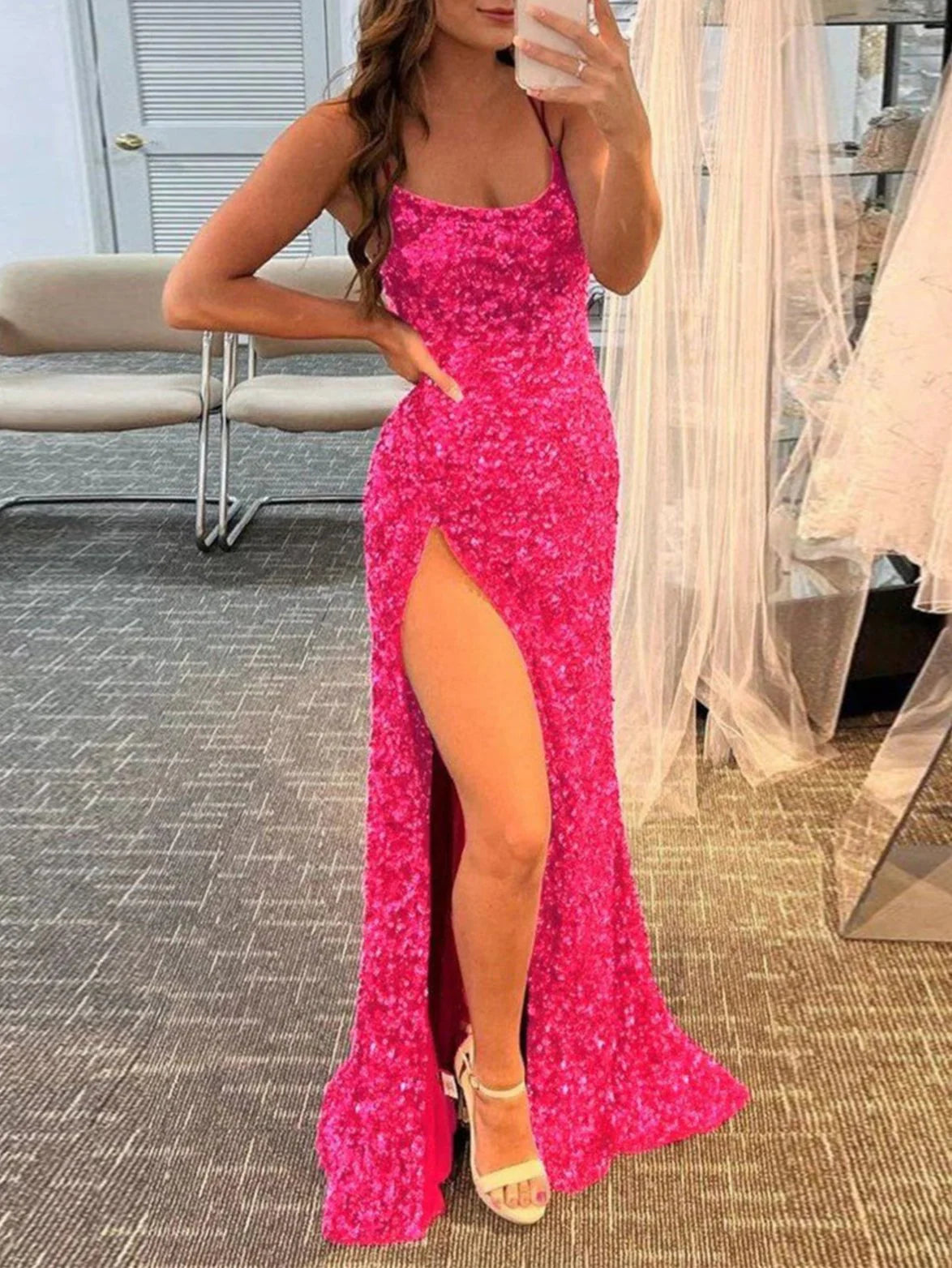 Evening Dress Mermaid Spaghetti Straps Sequins Sweep Train Prom Dress Backless Side Fork Fashion Formal Women's Dresses