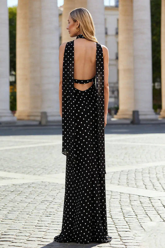 Fashion Prom Dress Black White Polka Dots Sheath Spaghetti Straps Deep V Neck Sleeveless Backless With Scarf Bargain Long Wedding Guest Dress