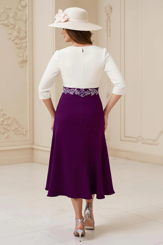 Grape and White A Line Boat Neck 3/4 Long Sleeve Waist with Lace Appliques Exquisite Midi Wedding Guest Dress For Women Hot Sale Mother of the Bride Dress