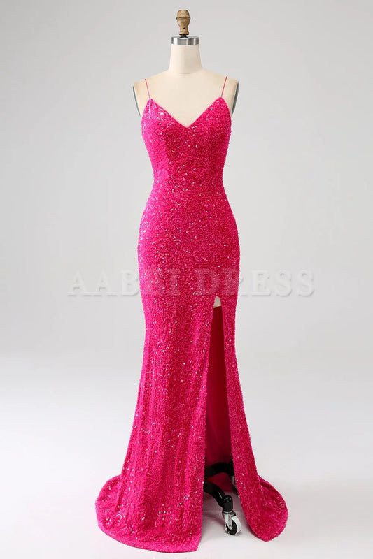 Prom Dress V-Neck Mermaid Cultivate oneself Spaghetti Straps Backless Sequin Side Fork Long Gorgeous Formal Wear Dresses
