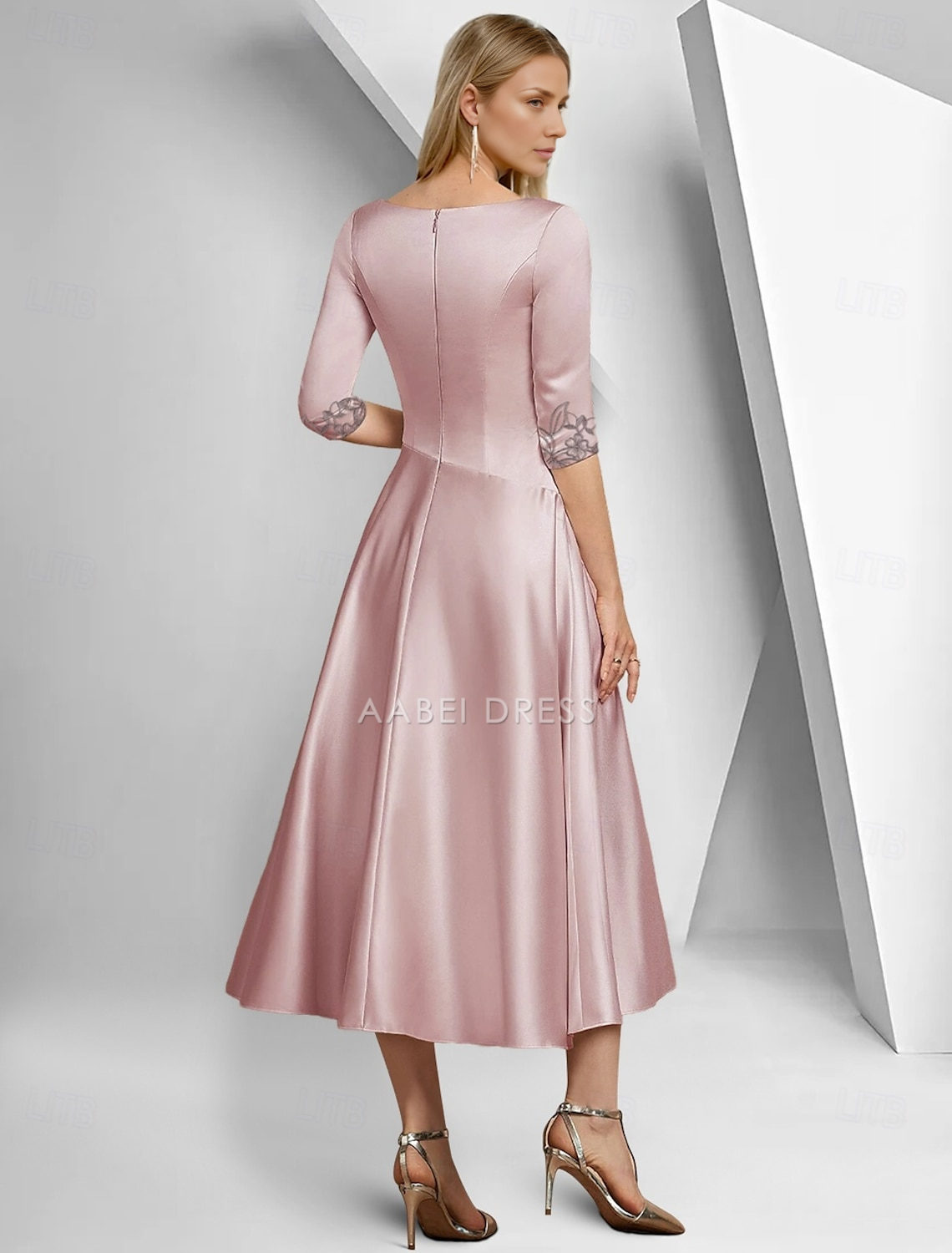 AABEI DRESS Wedding Guest Dress Retro A-Line V Neck 3/4 Length Sleeve Ankle Length Tea Length Satin with Lace Ruched Elegant Simple Mother of the Bride Dress