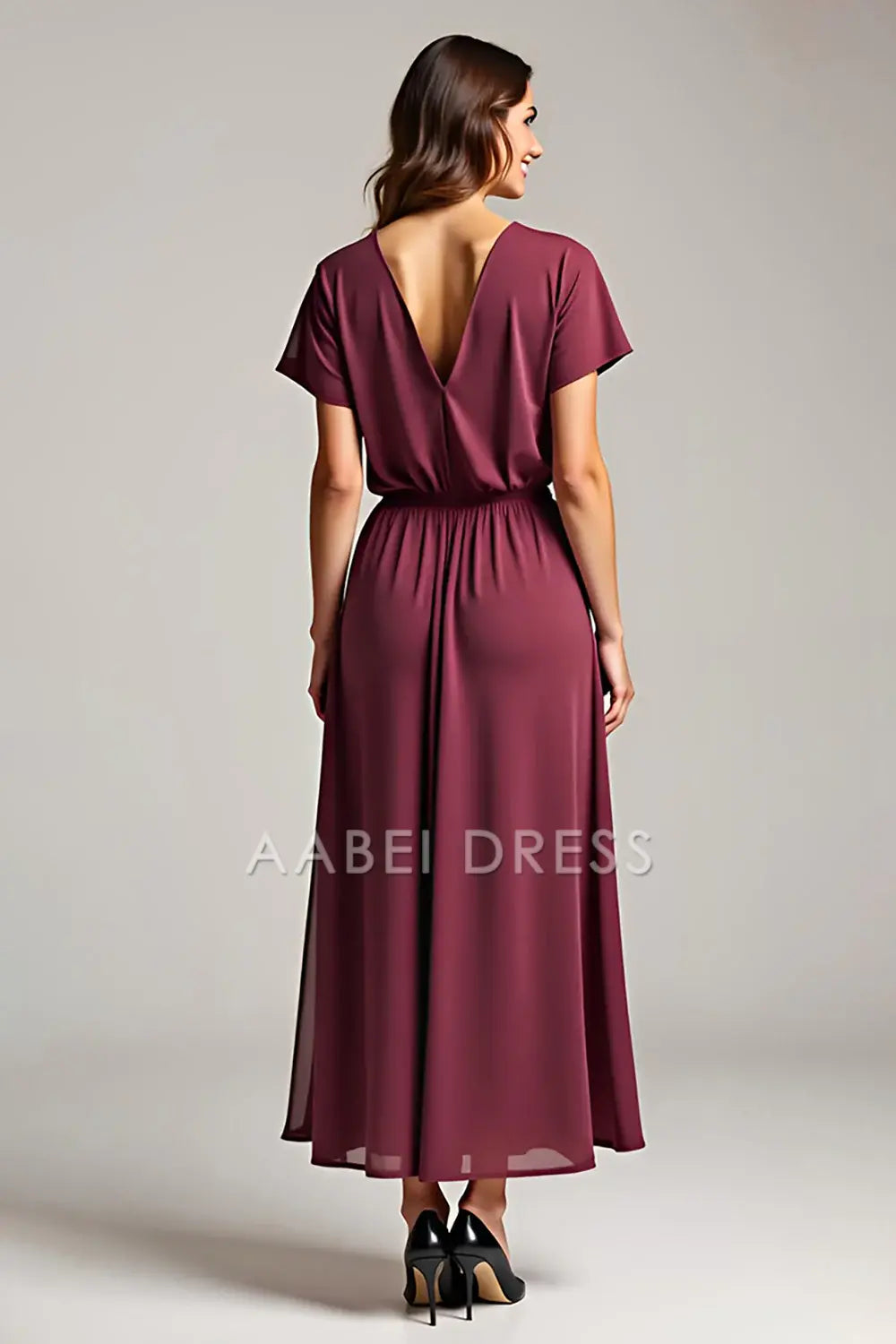 AABEI DRESS Mother Of The Bride Dress Chiffon A Line V Neck Short Sleeve Simple Long Formal Wear Dresse