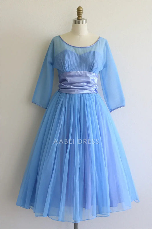 AABEI DRESS Party Dress Elegant A Line Round Neck Long Sleeves Pleated Retro Prom Dress