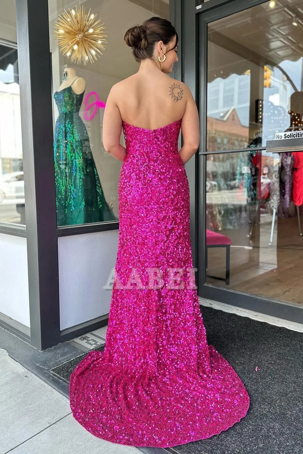 Evening Dress Strapless Sequins Long Prom Dress Side Fork Sparkle Sweep Train Charming Formal Women's Dresses