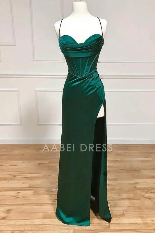 AABEI DRESS Hot Sale Prom Dress Simple Satin Mermaid Spaghetti Straps Lace Up Long With Split Elegant Formal Dress