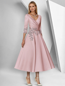 AABEI DRESS Wedding Guest Dress Retro A-Line V Neck 3/4 Length Sleeve Ankle Length Tea Length Satin with Lace Ruched Elegant Simple Mother of the Bride Dress