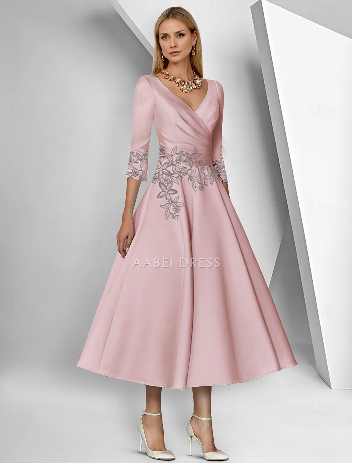AABEI DRESS Wedding Guest Dress Retro A-Line V Neck 3/4 Length Sleeve Ankle Length Tea Length Satin with Lace Ruched Elegant Simple Mother of the Bride Dress