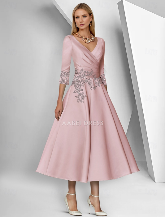 AABEI DRESS Wedding Guest Dress Retro A-Line V Neck 3/4 Length Sleeve Ankle Length Tea Length Satin with Lace Ruched Elegant Simple Mother of the Bride Dress