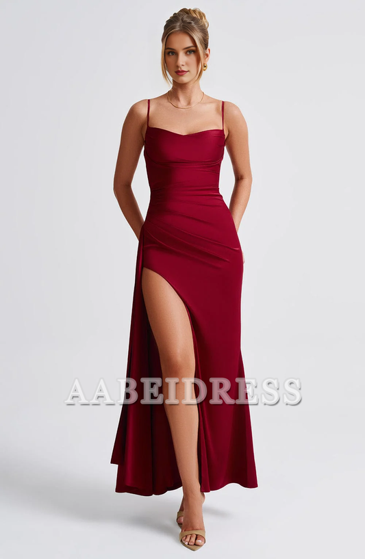 Formal Wear Dresses Prom Dresses Elegant Spaghetti Strap Cowl Neckline Pleated Side Fork Charming Dresses Wedding Guests Dresses