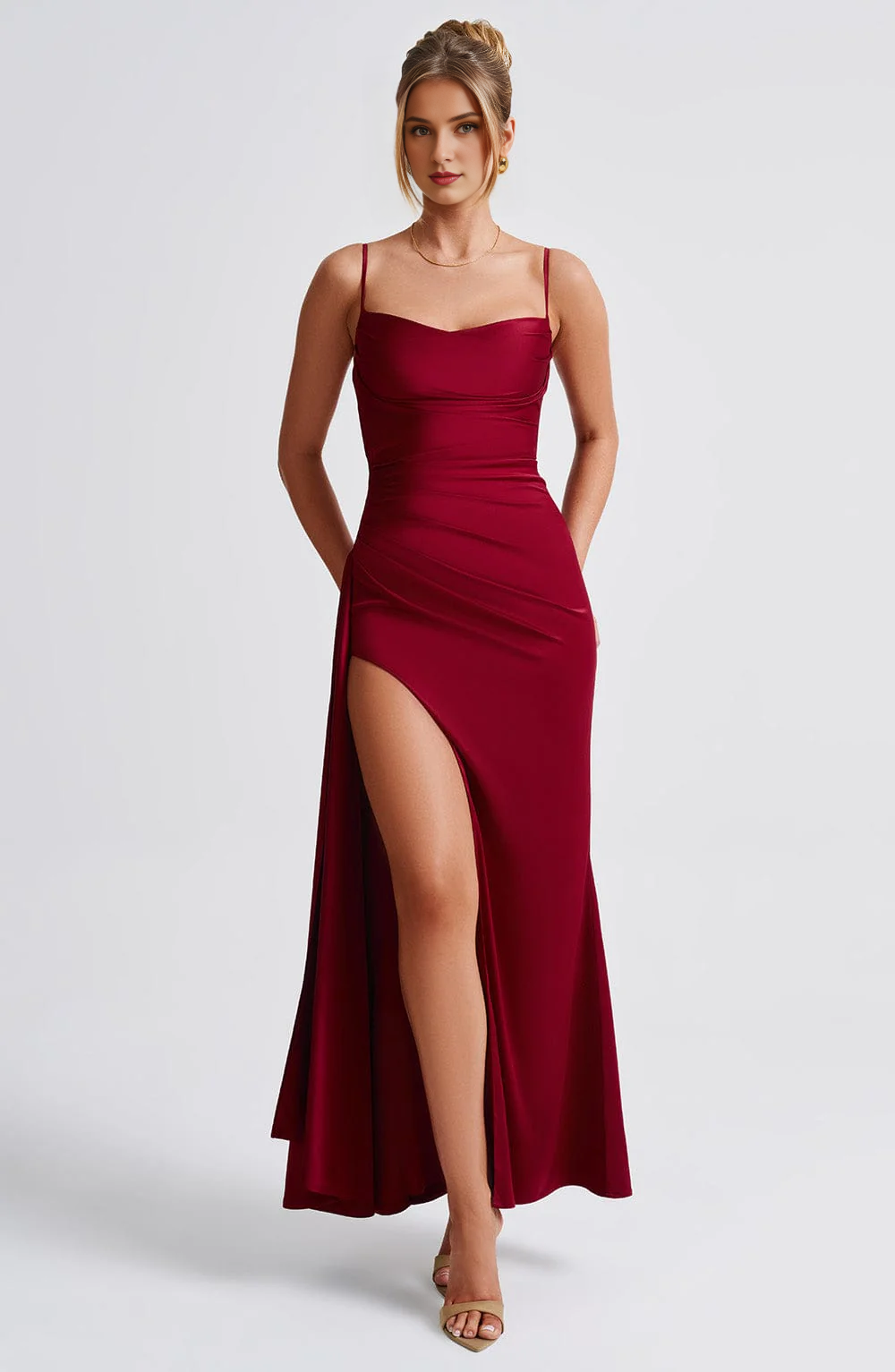 Formal Wear Dresses Prom Dresses Elegant Spaghetti Strap Cowl Neckline Pleated Side Fork Charming Dresses Wedding Guests Dresses