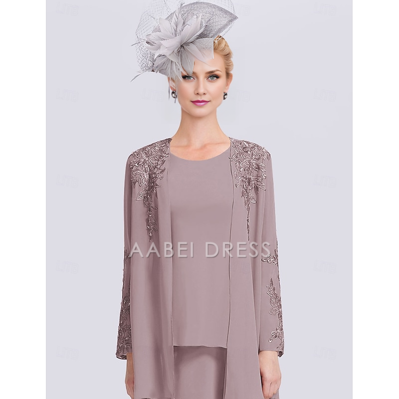 AABEI DRESS Wedding Guest Dress Elegant Two Piece A-Line Jewel Neck Long Sleeve Tea Length Lace Wrap Included Jacket Dresses with Appliques Solid Color Mother of the Bride Dress
