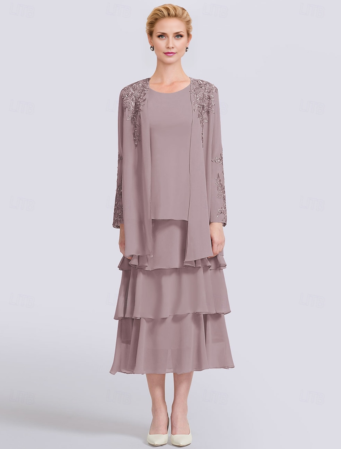 AABEI DRESS Wedding Guest Dress Elegant Two Piece A-Line Jewel Neck Long Sleeve Tea Length Lace Wrap Included Jacket Dresses with Appliques Solid Color Mother of the Bride Dress