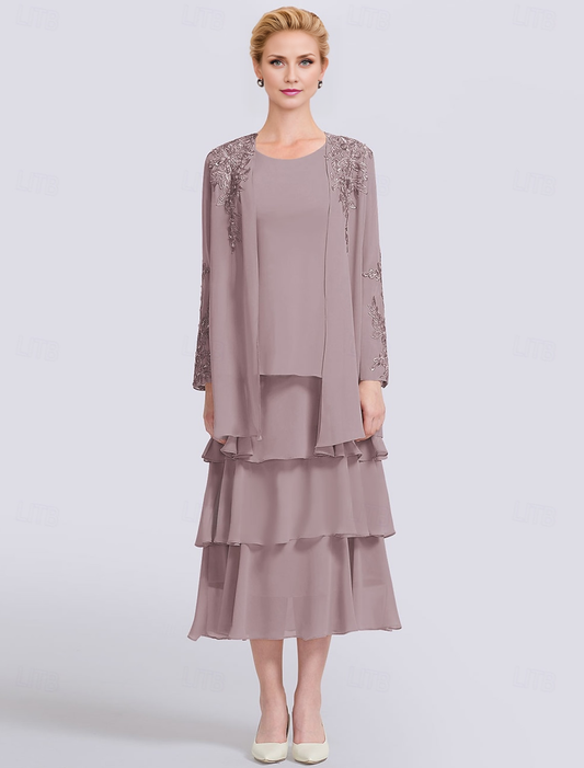 AABEI DRESS Wedding Guest Dress Elegant Two Piece A-Line Jewel Neck Long Sleeve Tea Length Lace Wrap Included Jacket Dresses with Appliques Solid Color Mother of the Bride Dress