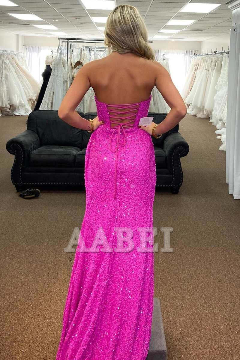 Evening Dress Mermaid Strapless Sequins Lace-Up Long Prom Dress Backless Side Fork Sparkle Sweep Train Formal Women's Dresses
