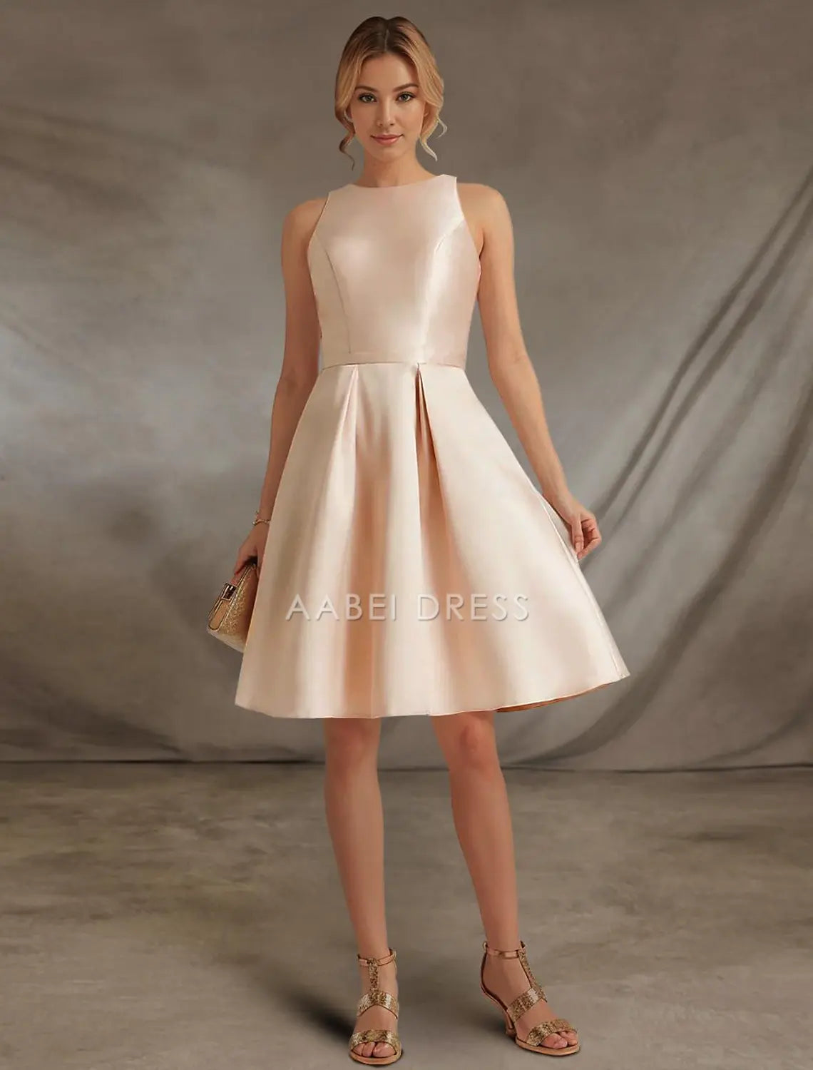 AABEI DRESS New Homecoming Dress Elegant A-Line Sleeveless Jewel Neck Cocktail Dresses Party Dress Wedding Guest Satin with Lace Knee-Length Simple Prom Dresse