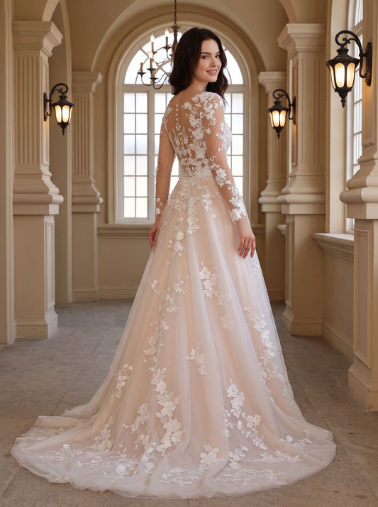 Ivory Tulle A-Line Illusion Neck Back Zip Floor-Length Dress