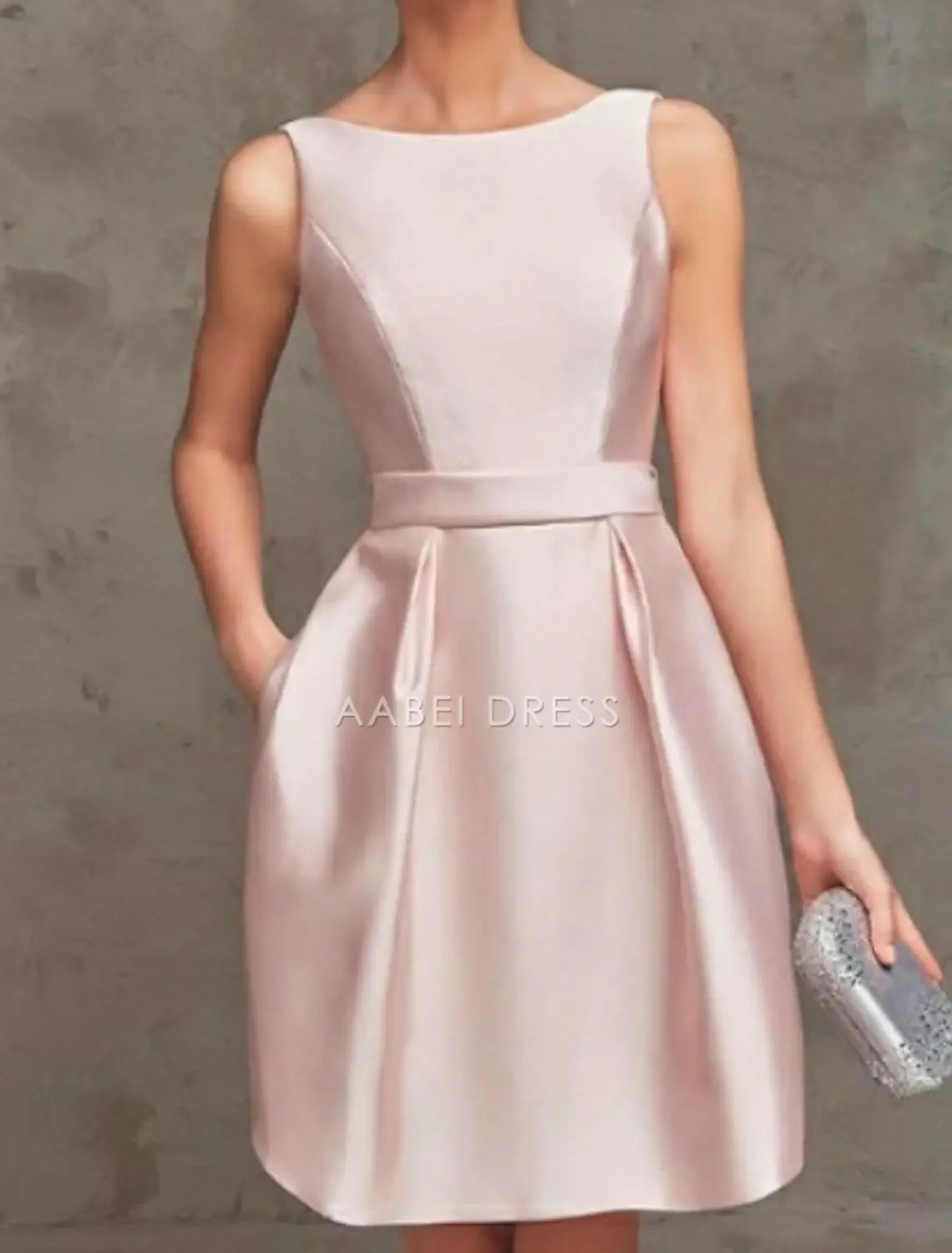 AABEI DRESS New Homecoming Dress A-Line Boat Neck V Back Cocktail Dresses Party Dress Wedding Guest Graduation Sleeveless Satin with Pleats Simple Short Prom Dresse