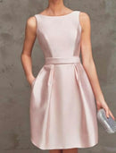 AABEI DRESS New Homecoming Dress A-Line Boat Neck V Back Cocktail Dresses Party Dress Wedding Guest Graduation Sleeveless Satin with Pleats Simple Short Prom Dresse
