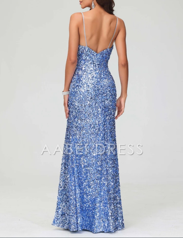 AABEI DRESS Sheath V-neck Spaghetti Strap Bodycon Sequin Floor Length Dress With Slit Simple Evening Dress