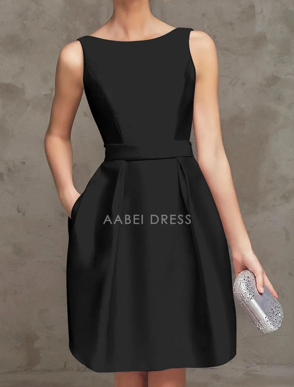 AABEI DRESS New Homecoming Dress A-Line Boat Neck V Back Cocktail Dresses Party Dress Wedding Guest Graduation Sleeveless Satin with Pleats Simple Short Prom Dresse