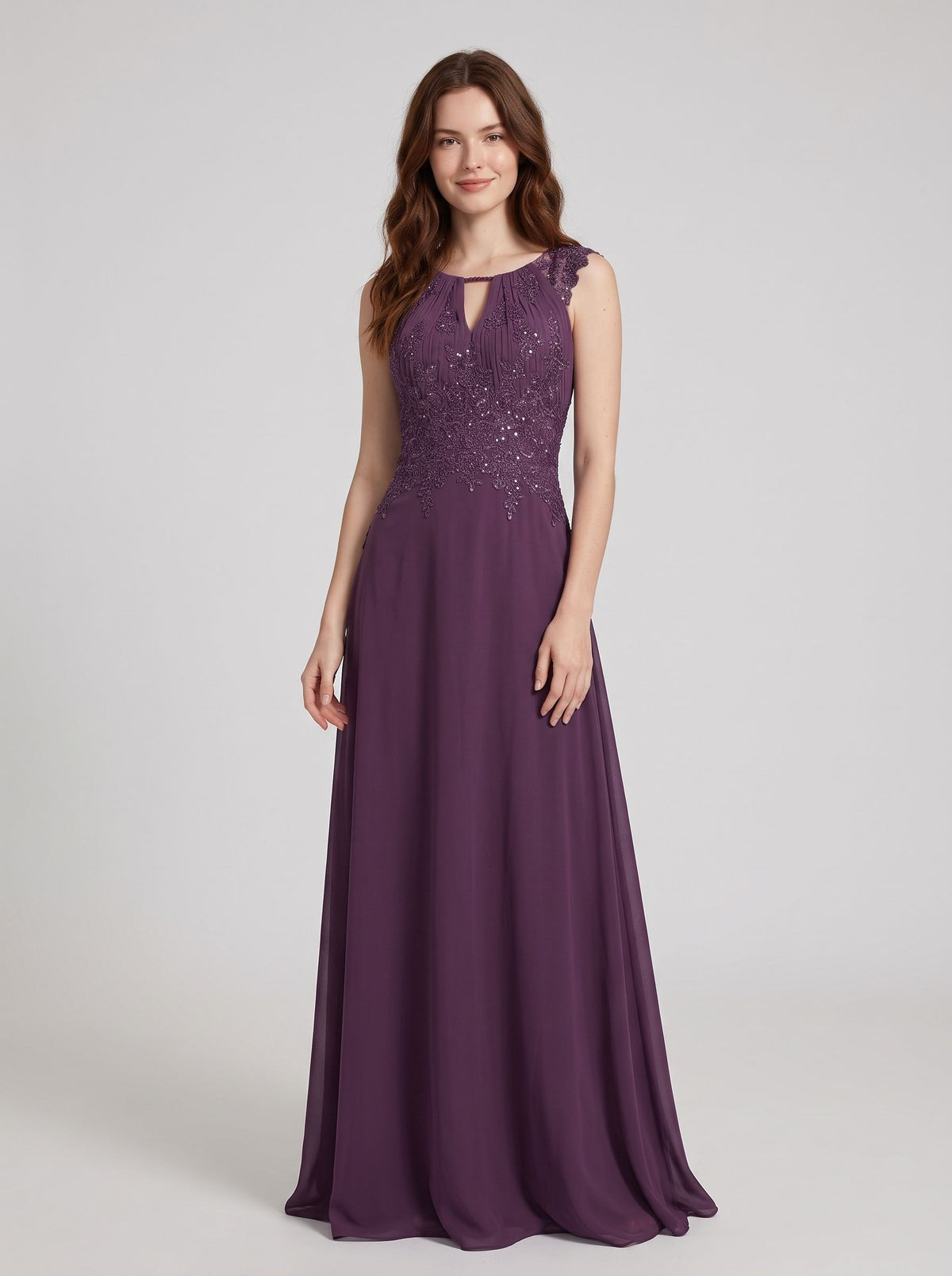 Mulberry Chiffon A-Line Keyhole Neck High Back Floor-Length Dress